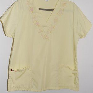 Yellow, embroidered scrub top